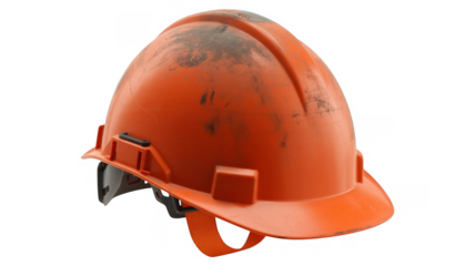 Orange construction hard hat with dirt and scuffs isolated on a transparent background