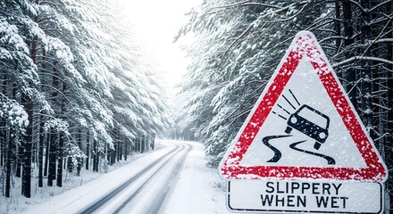 Slippery road warning sign in snowy forest landscape