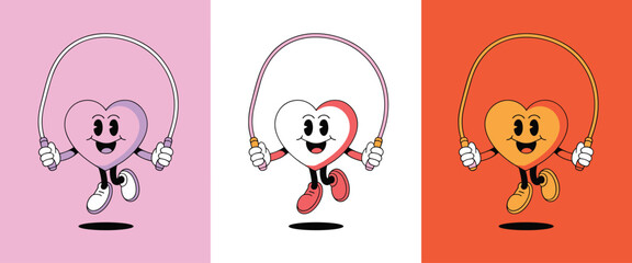 Three Cartoon Heart Characters Jumping Rope with Happy Expressions in Different Colors Keywords: heart, cartoon, character, jumping rope, skipping