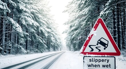 Road sign warning of slippery conditions on a snowcovered forest road