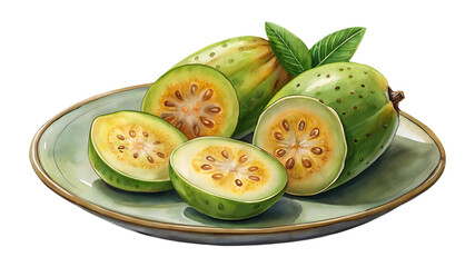 Fresh green fruit, whole and sliced, revealing juicy pulp on a plate