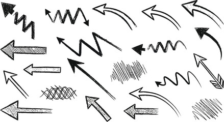 Vector art of collection of handdrawn doodle elements including crowns, stars, lightning bolts, arrows, clouds, question marks, exclamation points, and abstract shapes