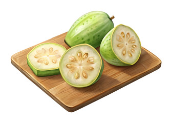 Fresh green chayote squash, whole and sliced, on a wooden cutting board.