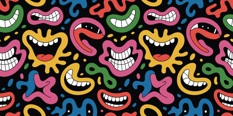 Whimsical Cartoon Monsters With Wide Grinning Mouths And Googly Eyes On Black Keywords: cartoon, monsters, pattern, whimsical, funny, grinning