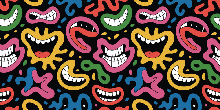 Whimsical Cartoon Monsters With Wide Grinning Mouths And Googly Eyes On Black Keywords: cartoon, monsters, pattern, whimsical, funny, grinning