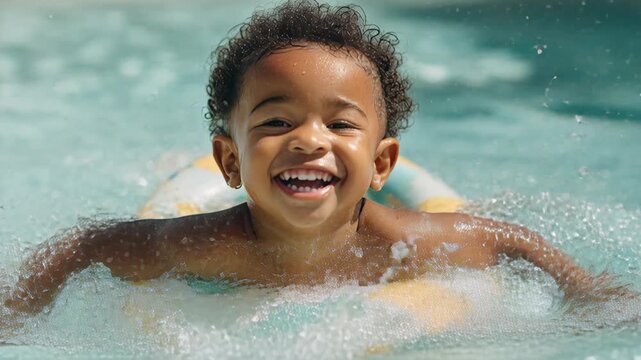 Adorable toddler with curly hair smiling and splashing water while floating in a swimming pool on a sunny day.