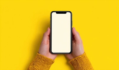 Hands holding blank screen smartphone against bright yellow background