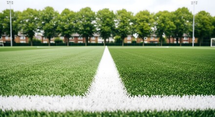 Closeup of white line on green artificial soccer field with trees in background