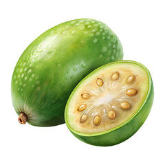 Fresh whole and sliced feijoa fruit, healthy exotic superfood item