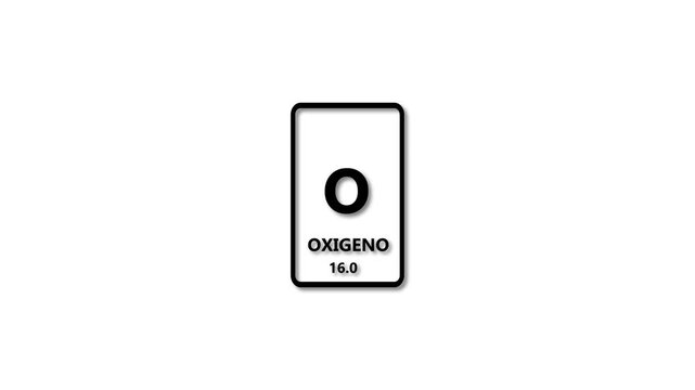 Oxigeno 16.00 as Element 8 of the Periodic Table. Design shows name, atomic weight and element number. black background 4k animation