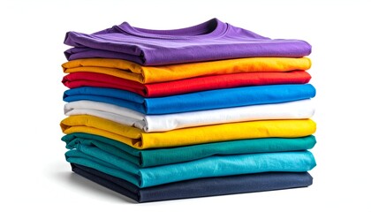 A stack of folded, brightly colored t-shirts on a white background