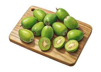 Freshly harvested kiwi berries, whole and halved, on a wooden board,