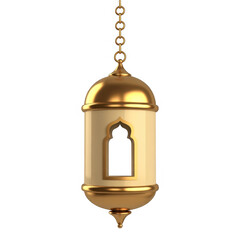 Ornate gold and cream Islamic lantern hanging from a chain isolated on a transparent background