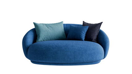 Front view of a textile blue modern sofa on an isolated background.
