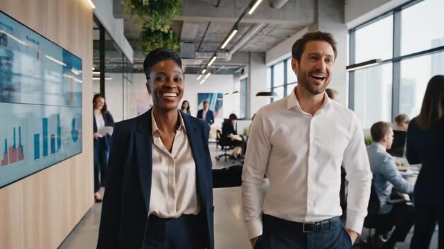 Two professionals chat in a bright open-plan office with glass walls, charts, and plants, smiling..