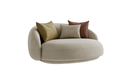 Upholstered round leather couch with pillows on a transparent background. Furniture for the modern interior, web design, and presentation.
