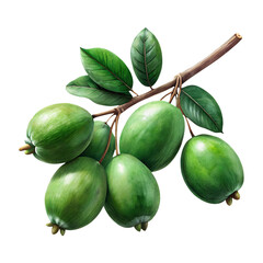 Vibrant green feijoa fruits on a branch with leaves, fresh and ripe
