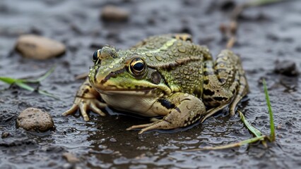 Obraz premium Close-up of a green frog sitting on wet muddy ground.