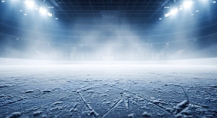 Empty ice hockey rink with bright stadium lights and fog