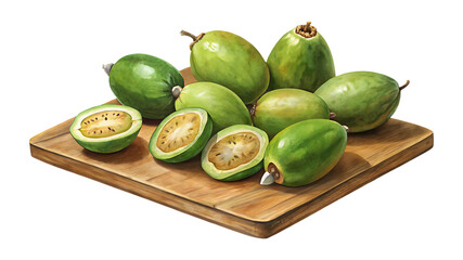 Delicious fresh ripe feijoa fruits on rustic wooden board, nutritious