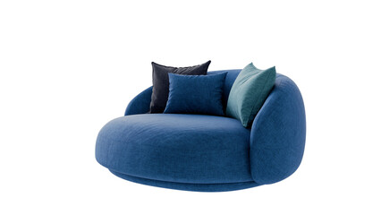 Blue round couch with pillows on an isolated background. Furniture for the modern interior, web design, and presentation.
