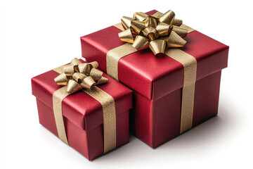 Obraz premium Two Red Gift Boxes with Golden Ribbon on White Background
