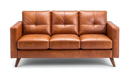 Fototapeta premium A three-seater sofa with tufted cushions, in a warm brown tone, isolated on white
