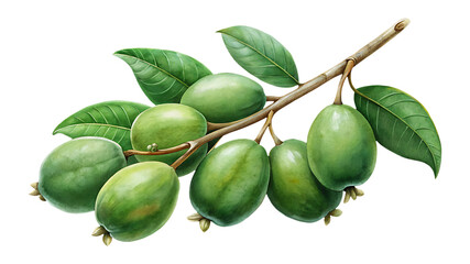 Green feijoa fruits and leaves on a branch, tropical edible plant