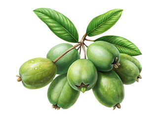 Fresh green feijoa fruits on a branch with leaves, healthy tropical snack