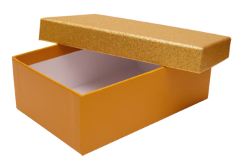 Golden box with a glittery lid is open, showing a simple white interior. It is ready to be used for storage or as a gift box. The background is clear for easy integration