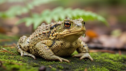 Obraz premium Close-up of a textured toad with prominent eyes, sitting on mossy ground in a natural forest setting.