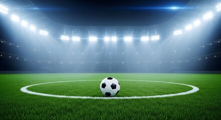 Soccer ball on pitch under bright stadium lights at night