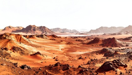 A vast, Martian-like landscape featuring red terrain, rocky formations, and distant mountains