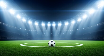 Dramatic soccer stadium at night with bright floodlights illuminating the pitch