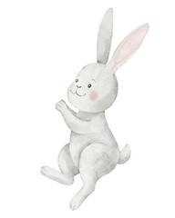 Baby watercolor illustration of Hare in soft pastel colors. Drawing of Rabbit for nursery posters. Art of grey Bunny for baby shower greeting cards and childish invitations. Cute animal for kids.