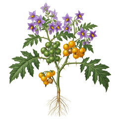 Kantakari plant with roots purple flowers