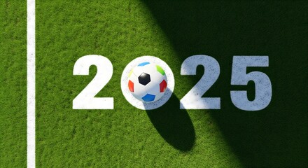 Soccer ball forming number 2025 on green grass field