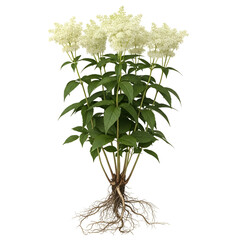 Meadowsweet plant with roots and clustered flowers