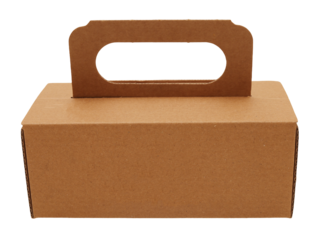 Brown cardboard box with a handle displayed on a clear background. The box is simple in shape, suitable for packaging or storage needs. Ideal for various uses in daily activities