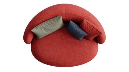 Top view of a couch with pillows on a transparent background.