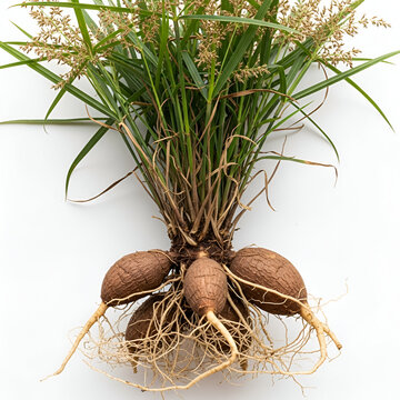 Nagarmotha plant with roots, flowers and tubers
