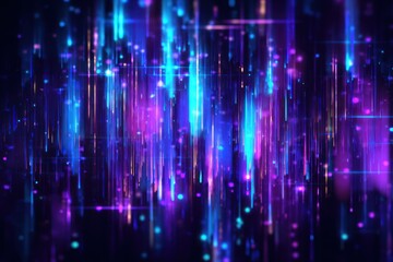 Abstract digital light streaks and bokeh effects in blue and purple.
