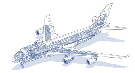 Detailed blueprint illustration showcasing the complex internal structure of a passenger airplane