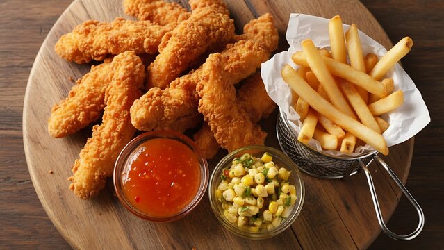 Delicious fried food plates featuring fish and chips, chicken, and French fries with ketchup, perfect for a tasty lunch or dinner snack - Powered by Adobe