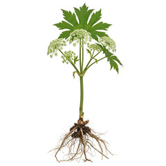 Spikenard plant with roots and greenish-white flower umbels