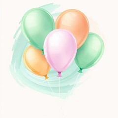 Floating Candy Colors Balloons Illustration on Watercolor and Impasto Brush Stroke Background.