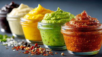 Colorful homemade sauces in glass jars displayed with spices on dark kitchen table