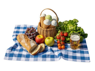 Picnic basket with ice cream bread grapes tomatoes lettuce and beer on checkered cloth isolated on a transparent background