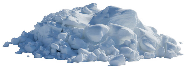 Pile of broken ice chunks and snow drifts with blue shadows isolated on a transparent background