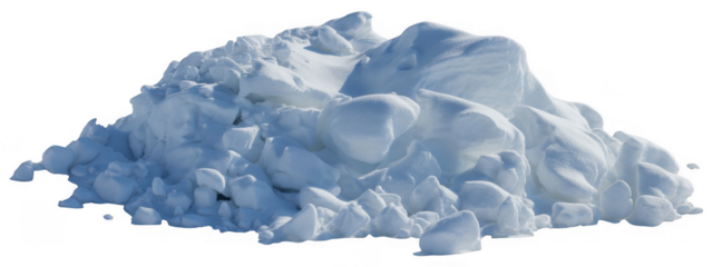 Pile of broken ice chunks and snow drifts with blue shadows isolated on a transparent background